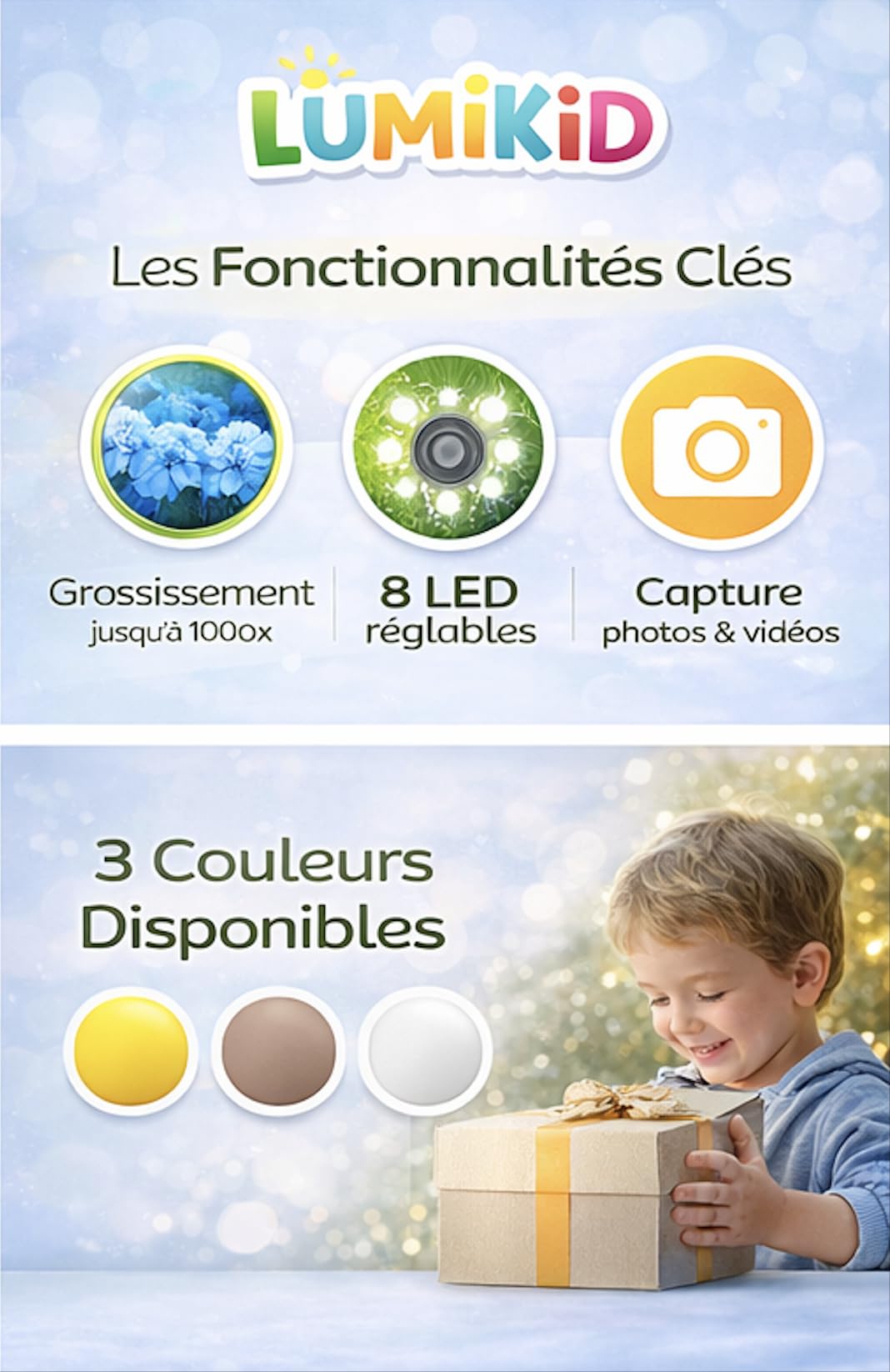 Microscopio digital infantil con pantalla IPS de 2 pulgadas, aumento de 1000 x – recargable – 8 LED ajustables – foto y vídeo – juguete científico educativo de 3 a 10 años – idea de regalo (amarillo)