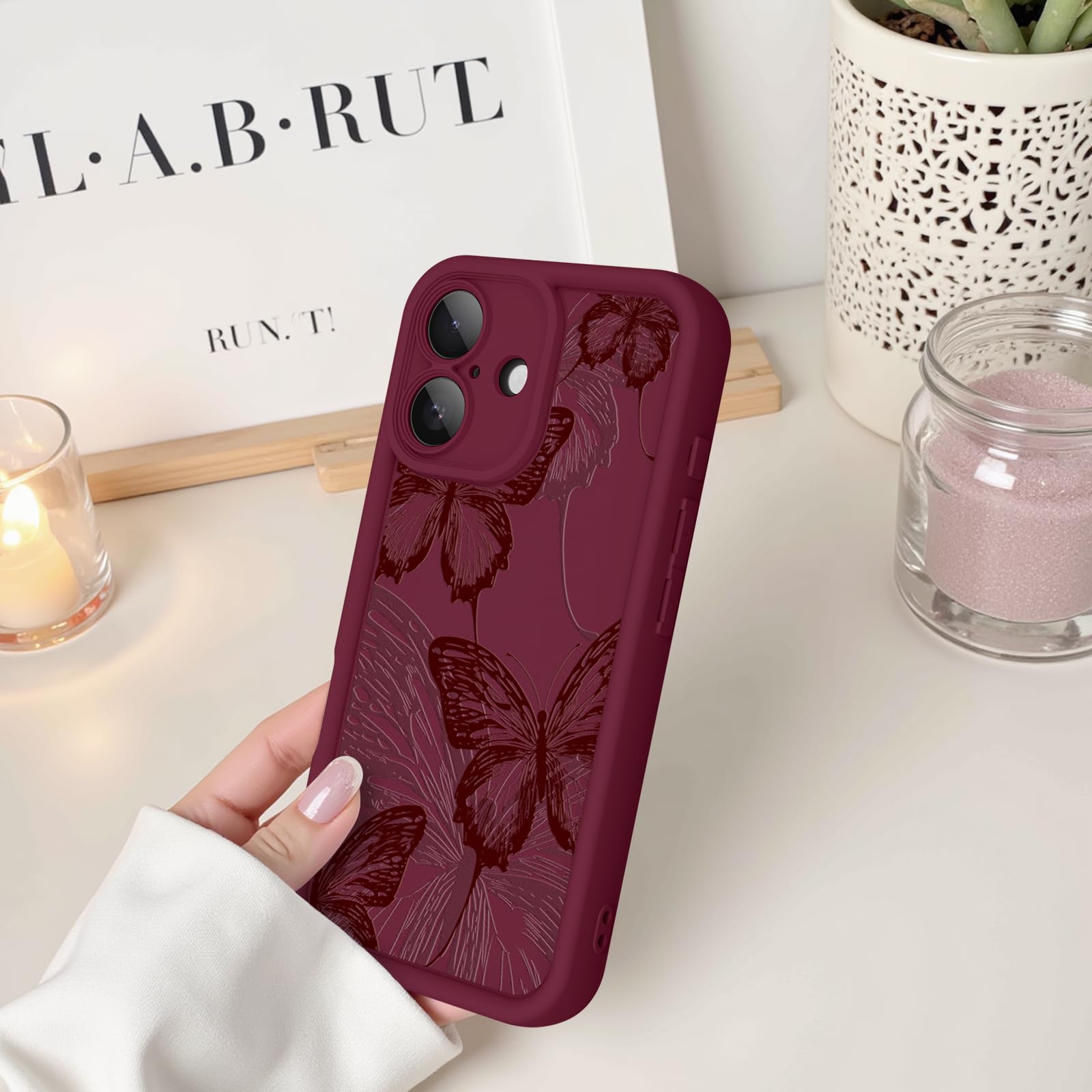 Custodia per iPhone 17, design creativo con motivo a farfalla, per ragazze e donne, in morbido silicone antiurto e antigraffio, cover per iPhone 17 (farfalla rossa bordeaux)