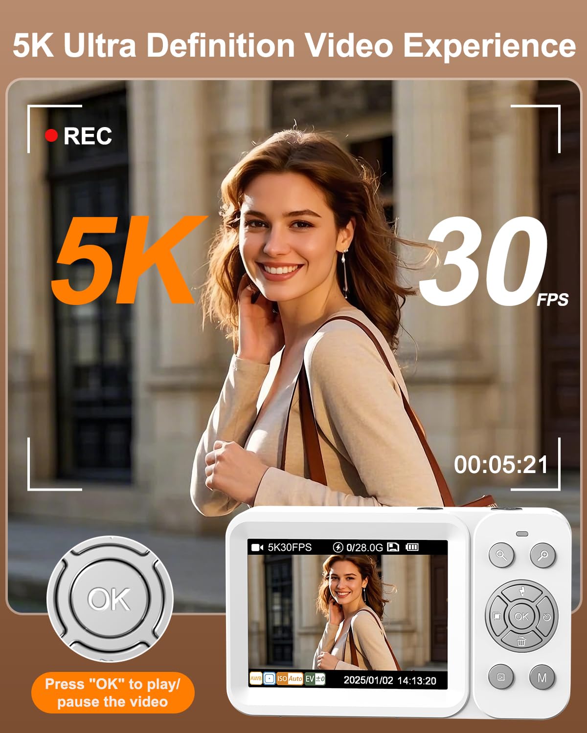 Fotocamera digitale 5K con messa a fuoco automatica, fotocamera da 80 MP per YouTube, fotocamera Vlogging a doppio schermo per viaggi, zoom 18x, fotocamera compatta per principianti e