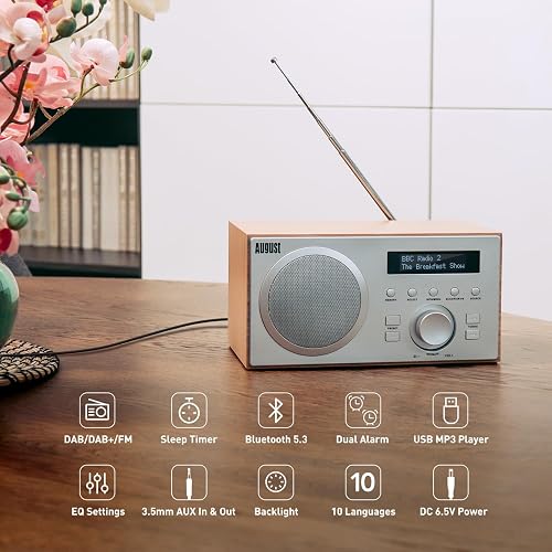August MB420K DAB/DAB+/FM Radio with Bluetooth Speaker – Digital Radio with 60 Presets, RDS, Dual Alarm Clock with Snooze & Sleep Timer, 5W Subwoofer, USB Playback, Aux Input, Mains Powered – Oak - 2