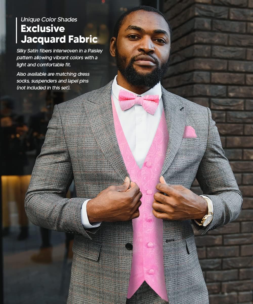 Formal Paisley Satin Suit Vest for Men Set of 4 - Vest, Tie, Bow Tie & Pocket Square (White Back)