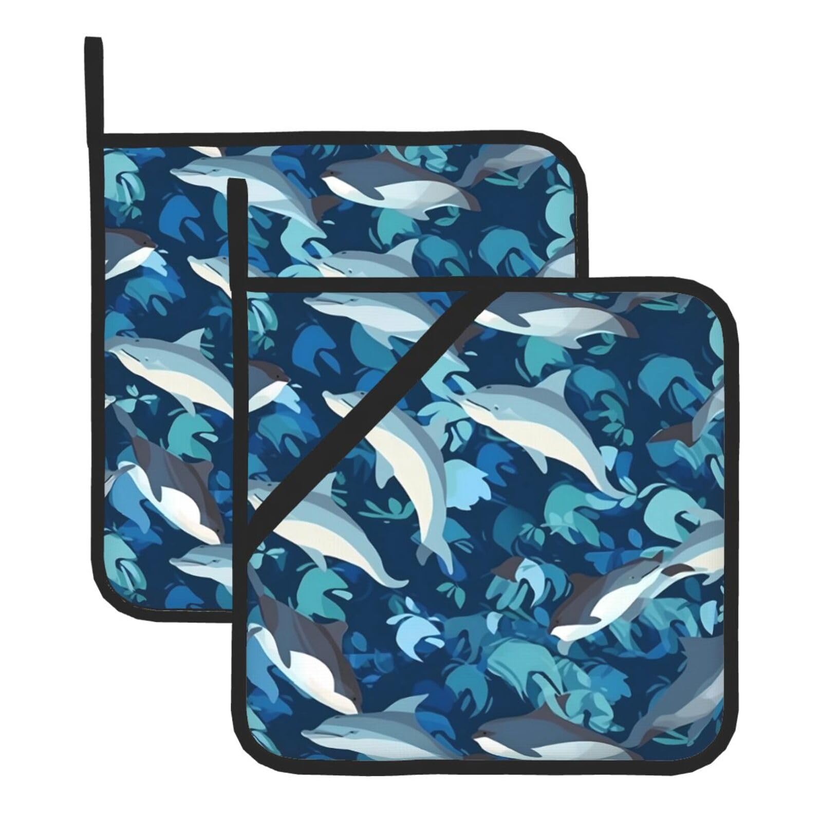 HJFCZH Kiss Dolphin Tale Pattern Printed Square Insulated Pot Mat Set (2-Piece) 8x8in Waterproof, Thickened & Easy to Clean with Lanyard Design for Kitchen, Oven & BBQ