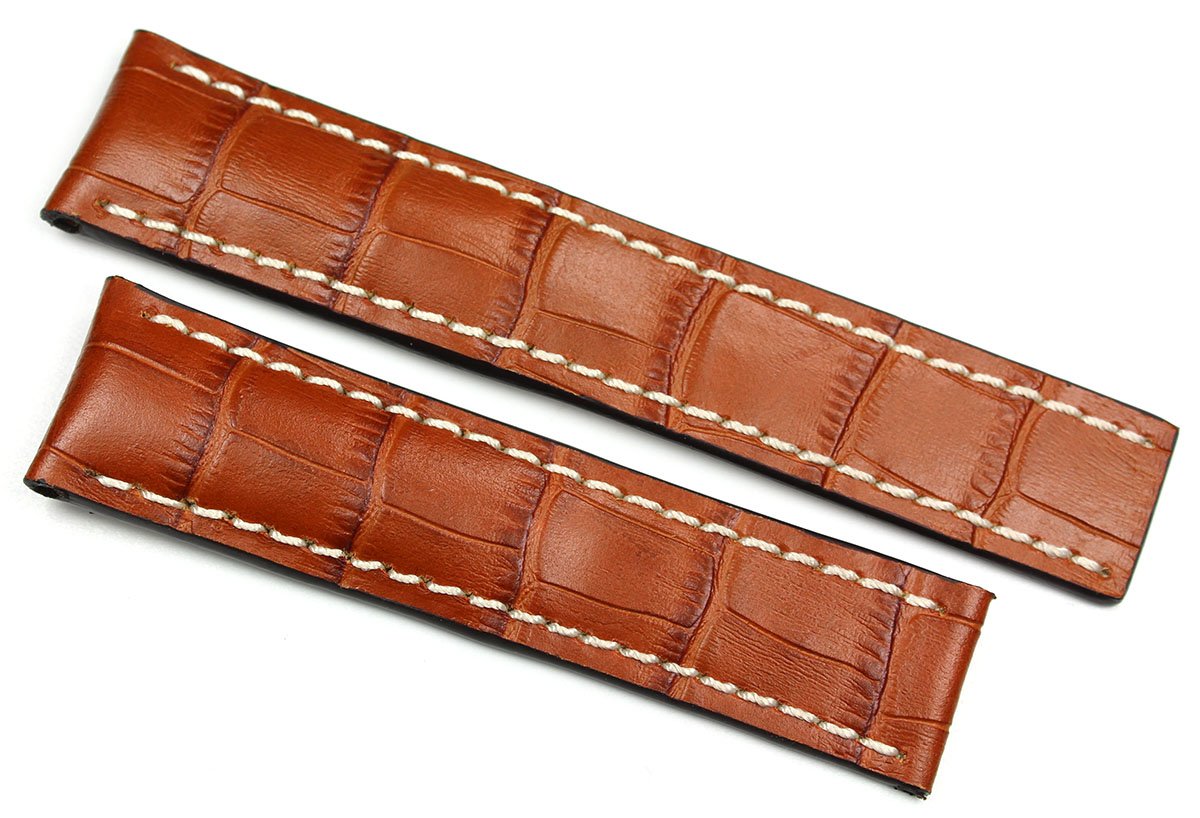 Rios1931 20 mm/18 mm Bracelet de Montre en Cuir véritable Bande Crocodile à la Main Ruban Brun Cognac pour Boucle déployante Convient pour Breitling Allemagne Crocodile Alligator Bracelet de Montre