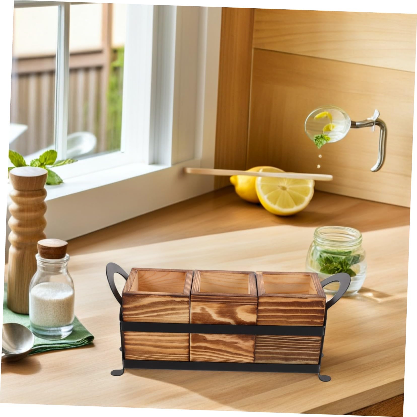 Alipis Porte-ustensiles Bois Massif avec Compartiments Organisateur de Couverts et Pinceaux de Maquillage pour Comptoir de Cuisine Support Rustique pour Cuillères Fourchettes et