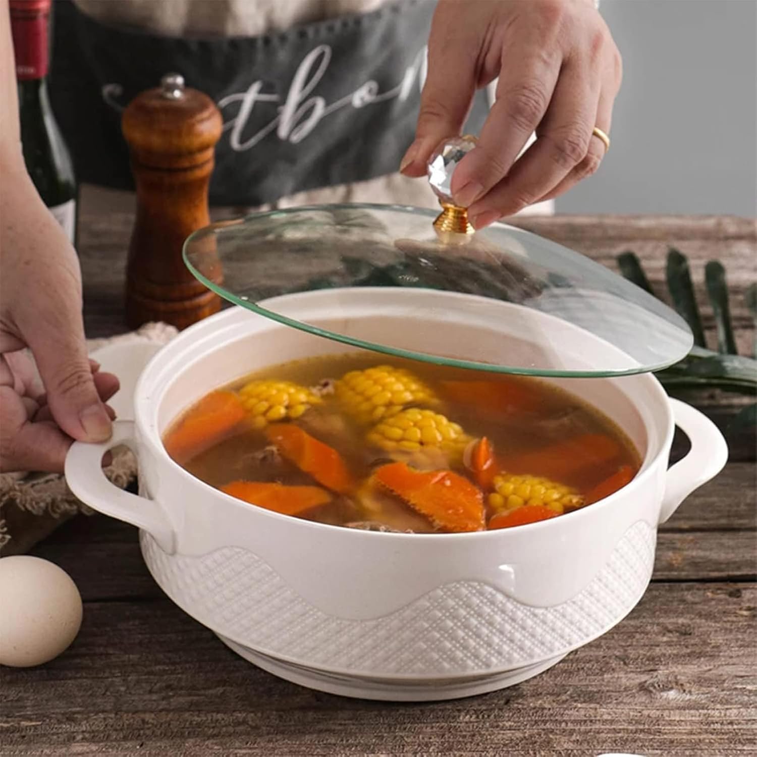 Soup Tureen with Glass Lid and Spoon,Large Capacity Ceramic Serving Soup Bowl,Porcelain Serving Soup Bowls with Lid White Round Bowl