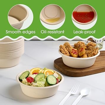 ECOLipak 20 OZ 150 Count Paper Bowls, Disposable Compostable Large Soup Bowl, Heavy Duty Bagasse Bowls for Family Lunch, Dinner Meals, Camping, Party