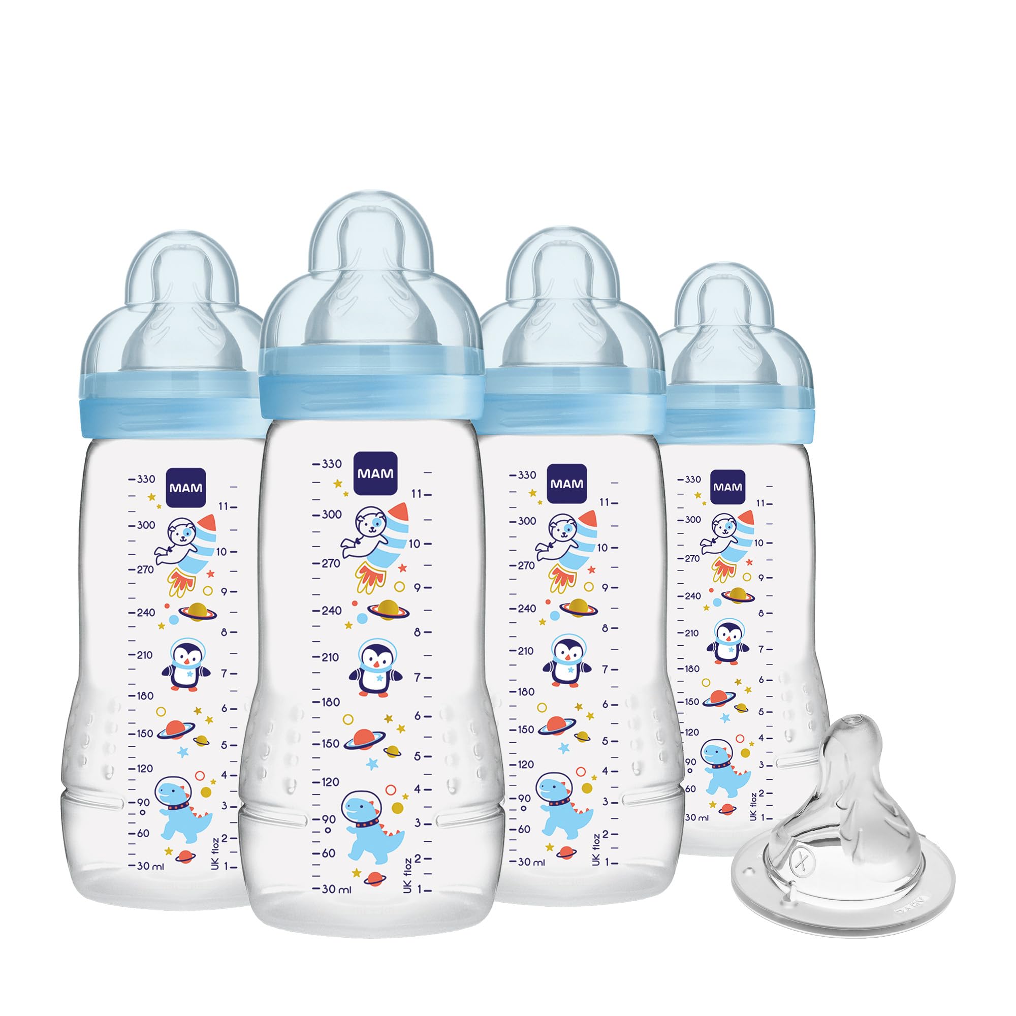 Easy Active Baby Bottles 11 oz with Bonus Nipple, Fast Flow Skinsoft Silicone Nipple with Wide Neck Ergonomic Design, Easy to Hold, BPA-Free Bottles with Leak-Proof Caps for 4+ Months Baby, Boy