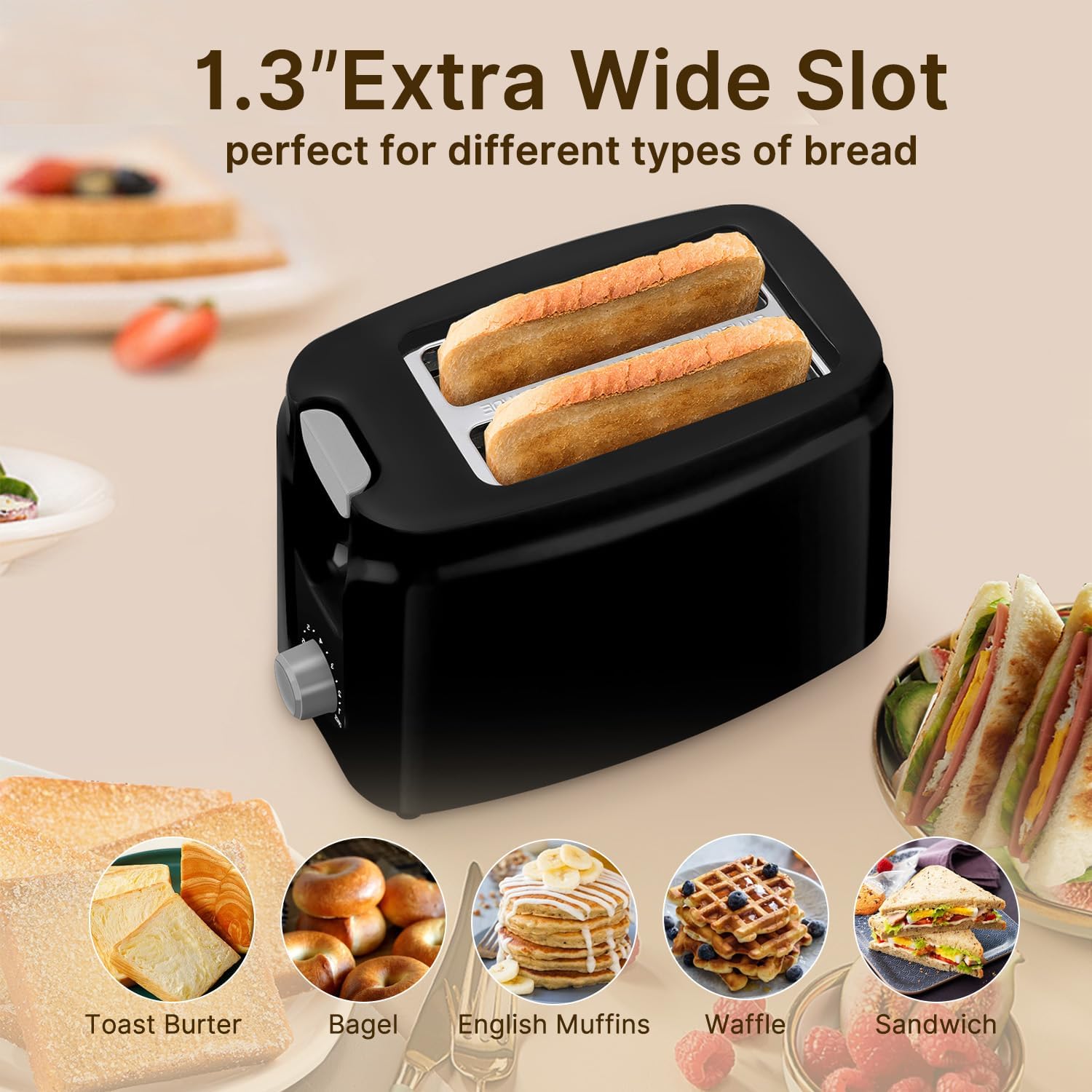 Toaster 2 Slice, Extra Wide Slot Toaster with 7-Shade Toast Settings, 750W, Black