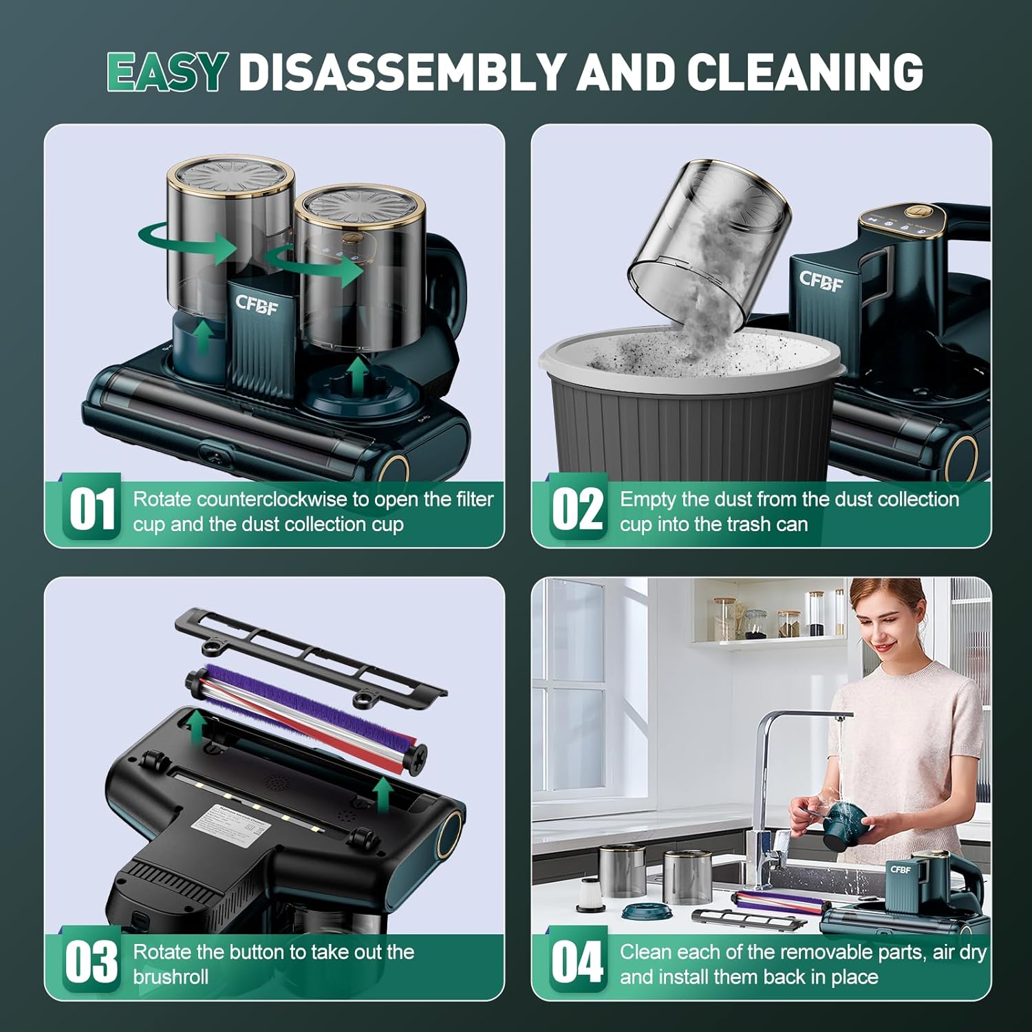 CFBF Mattress Vacuum Cleaner, Bed Vacuum Cleaner with 16Kpa Suction 253.7nm UV-C Light, Ultrasonic & High Heating, 500W Powerful Double-Cup Handheld Vacuums for Bed, Sofa, Couch, Crib, 16.4FT Corded