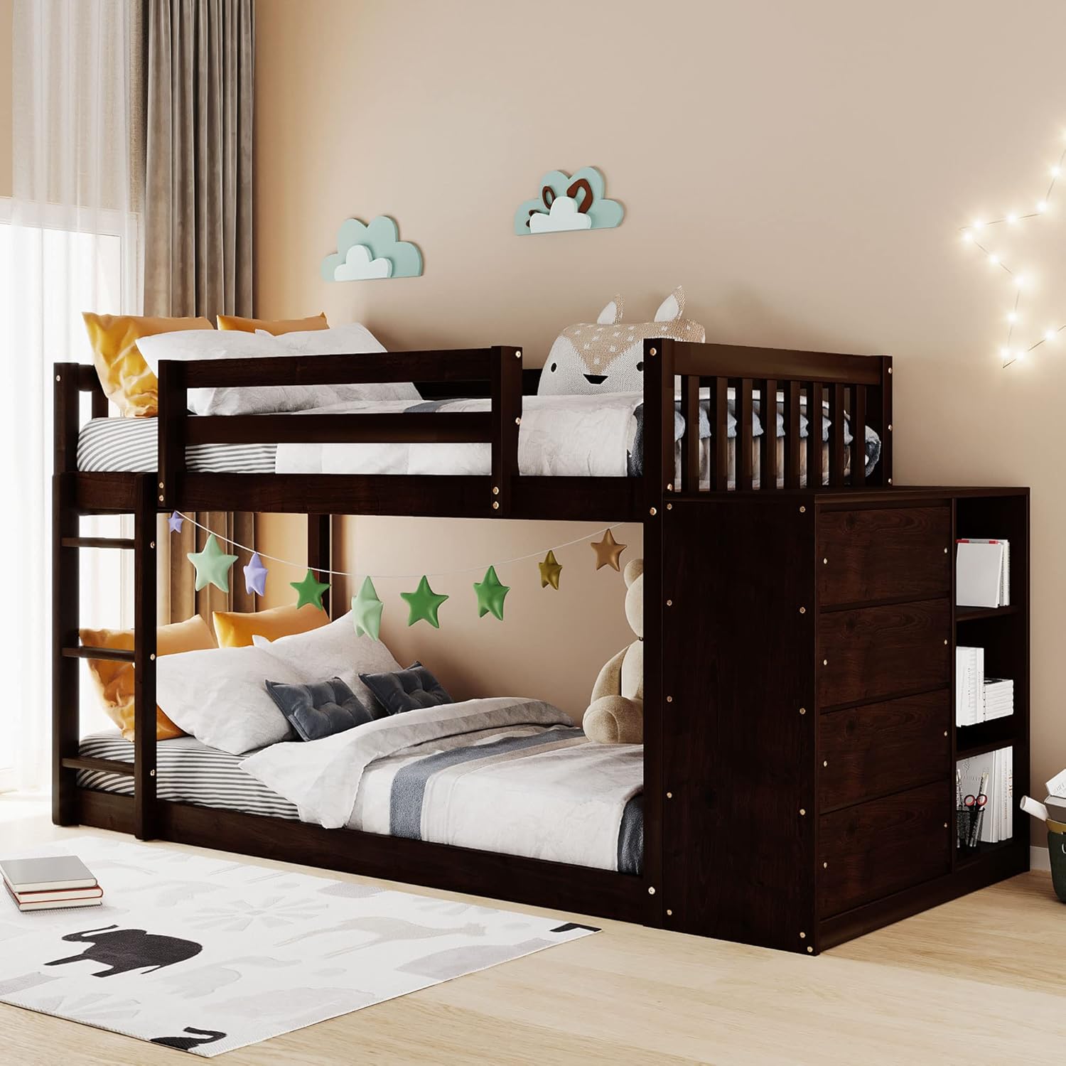 Twin Over Twin Bunk Beds with Storage, Wooden Twin Floor Bunk Beds with 4 Drawers and 3 Shelves, Low Bunk Bed Frame, Twin Loft Bed for Kids, Girls Boys, Teens, Adults (Espresso)