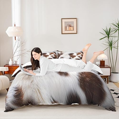 Miniatura 2 de Manfei Juego de funda de edredón con estampado de piel de vaca, tamaño King, color blanco y marrón, juego de ropa de cama de 3 piezas para niños y