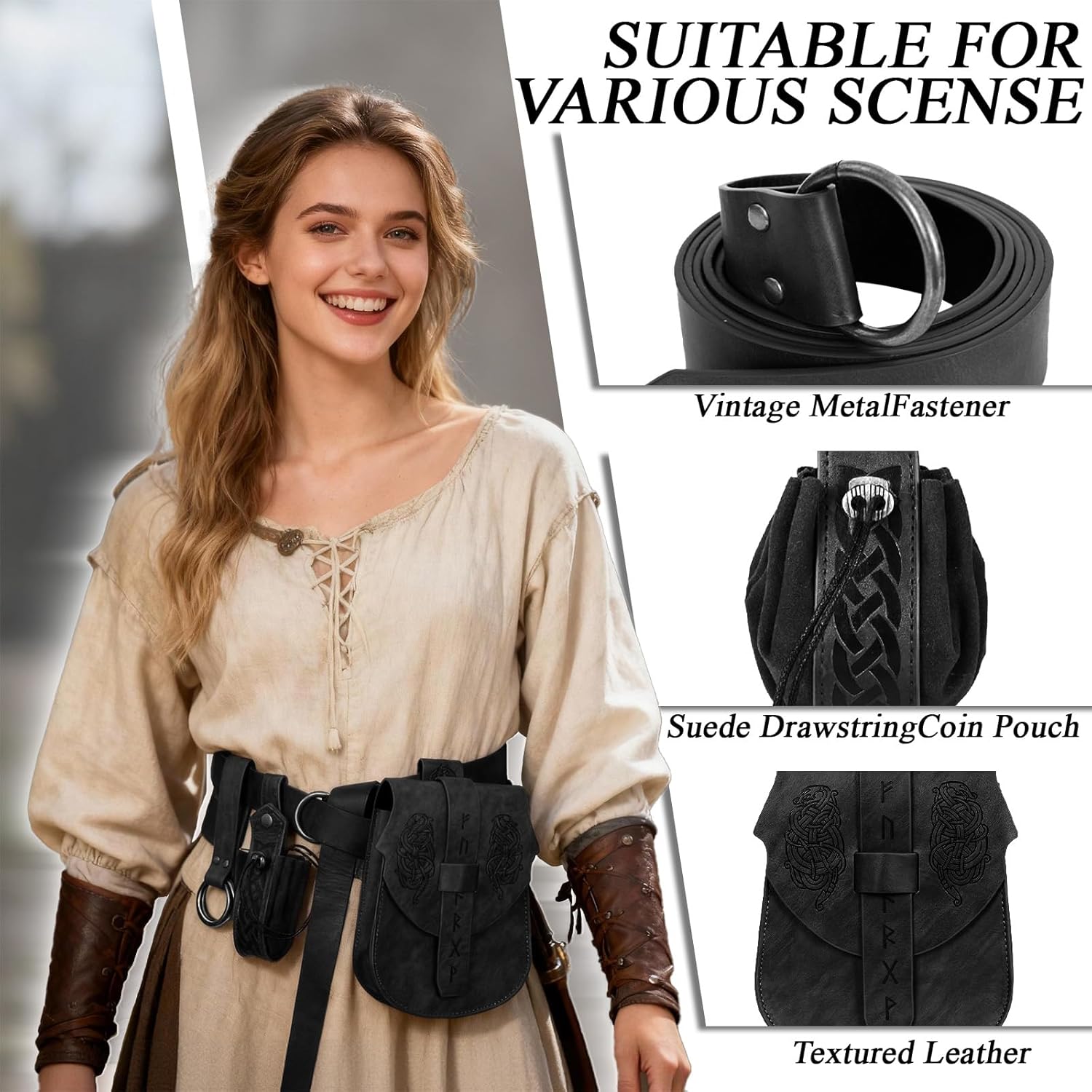 Viking Embossed Renaissance Belt Pouch, Vintage Medieval Faux Leather Pirate Belt Pack,Retro Portable Belt Bag For LARP Ren Faire. (Black A) - Image 5