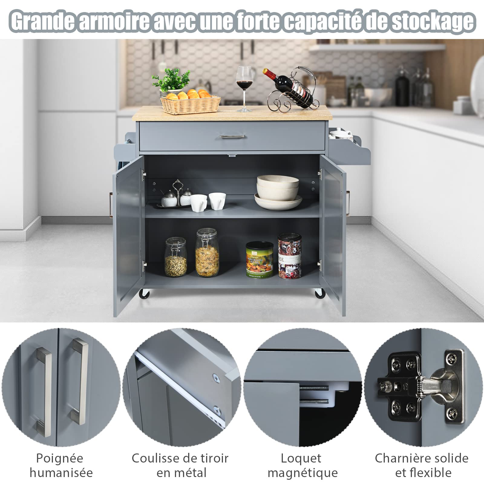 COSTWAY Dessert de Cuisine à roulettes Verrouillables, Ilot Central Cuisine Étagère Réglable sur 3 Niveaux, Grand Placard, Tiroir, Porte-épices et Porte-Serviettes, 40 x 116 x 85 cm (Gris)