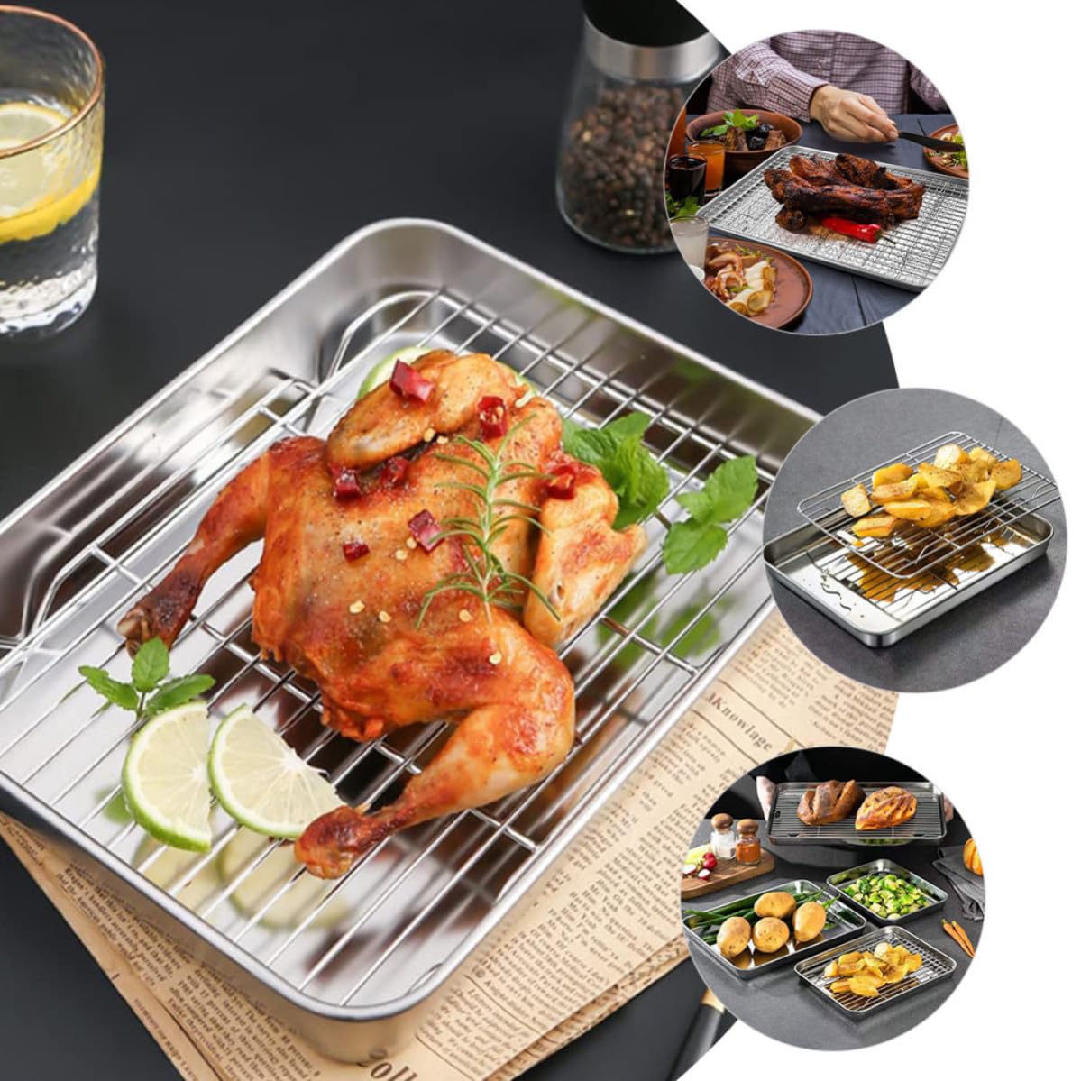Edelstahl Backblech Satz mit Kühlgitter Multifunktionales Backzubehör für Backofen und Camping Praktisches 1 Satz zum Backen und Kühlen von Gebäck Zufälliger Stil