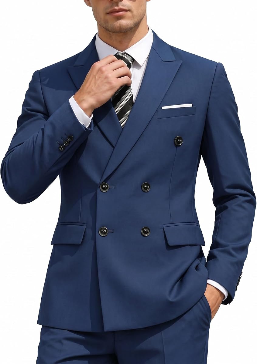 Men's 2 Piece Double Breasted Suits Slim Fit Tuxedo Jacket and Dress Pants Set for Wedding Business Prom