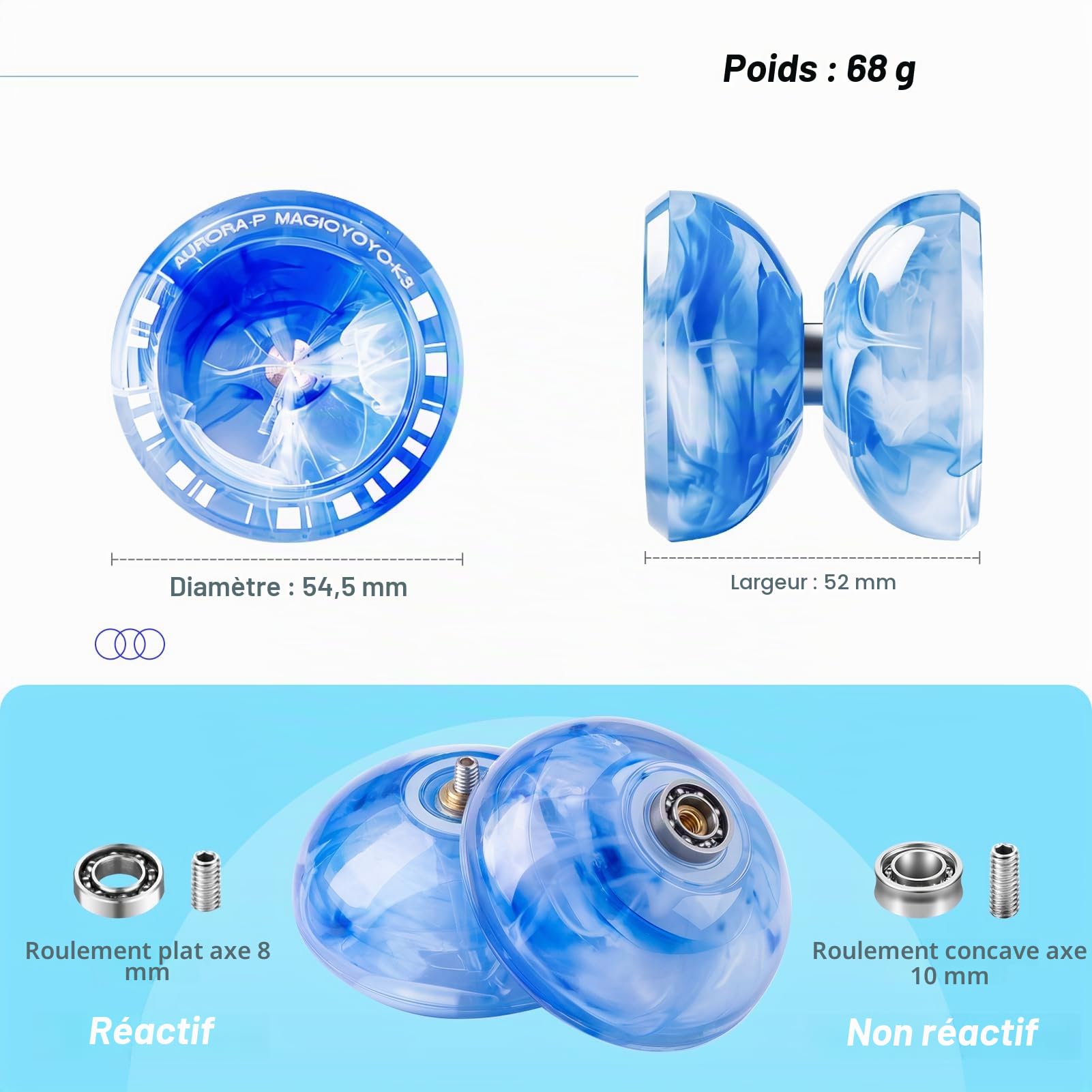 MAGICYOYO JoJo K3 Aurora-p, Yoyo professionnel pour spin, yo-yo réactif et non réactif pour débutants et avancés, avec 12 cordes Yoyo et kit d'accessoires Yo