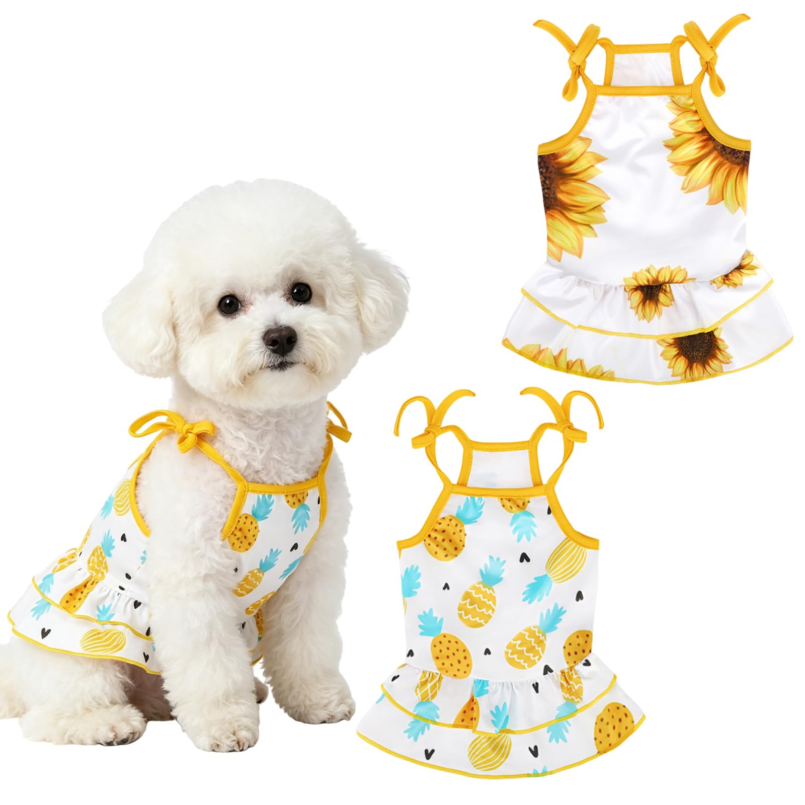 2 Pack Dog Shirt Tee Shirts Sleeveless, Cute Sunflower Pineapple Print Dog Vest for Small Medium Dogs, Soft Breathable Puppy Tank Top Tee for Girl Boy Spring Summer Clothes (Yellow skirt, XL)
