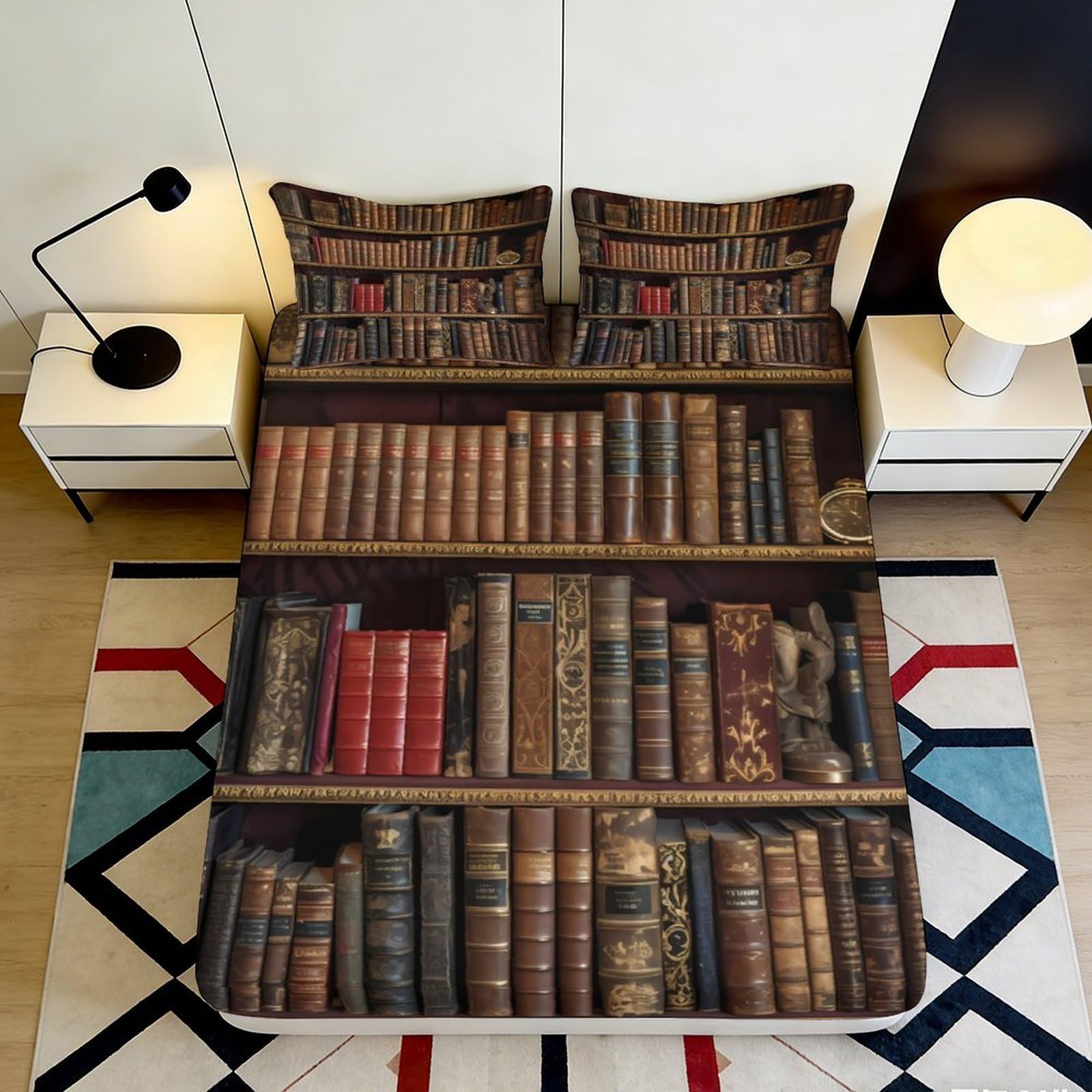 3D Printed Vintage Bookshelf Fitted Sheet Microfiber Soft Durable 3D Printed Classic Library Bed Cover for Bedroom Dormitory Guest Room Protection 140x200x25cm