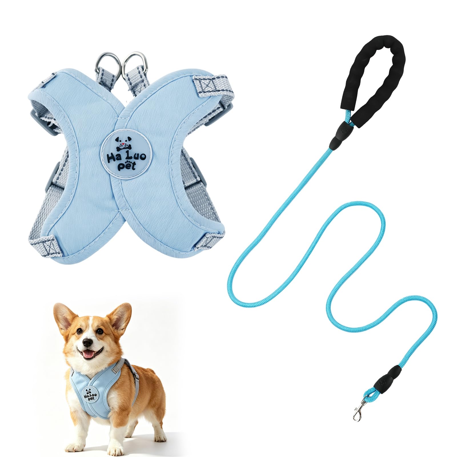 Dog Harness and Lead Sets, No Pull X-Frame Puppy Harness, Dog Harness Small Breed with Reflective Strips, 1.5m Pet Round Lead, Breathable Mesh Pet Vest for Walking Training Outing (Blue, M)