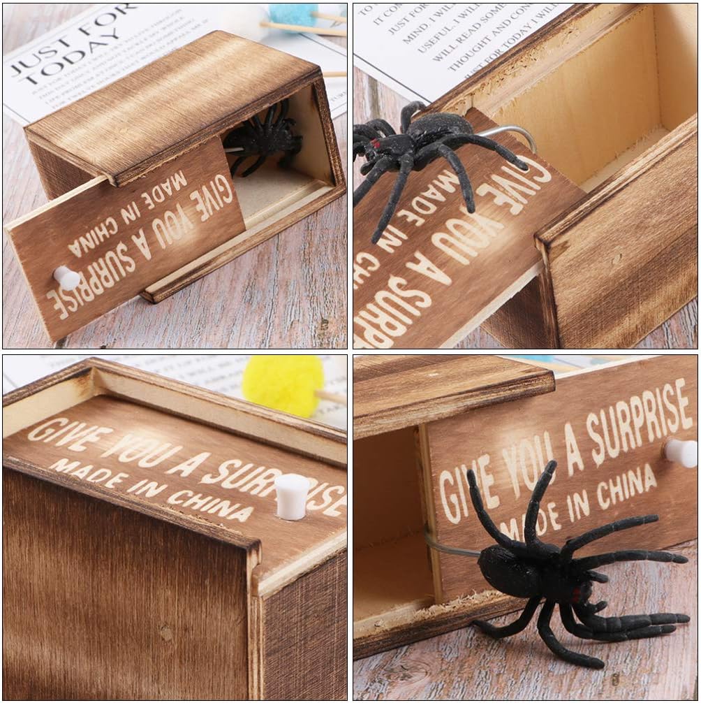 NUOBESTY Spider Prank Toy Box Tricky Spider Box Fake in a Funny Wooden Toy April Fool Halloween Joke Toys Scare Shocker Surprise Model 2pcs