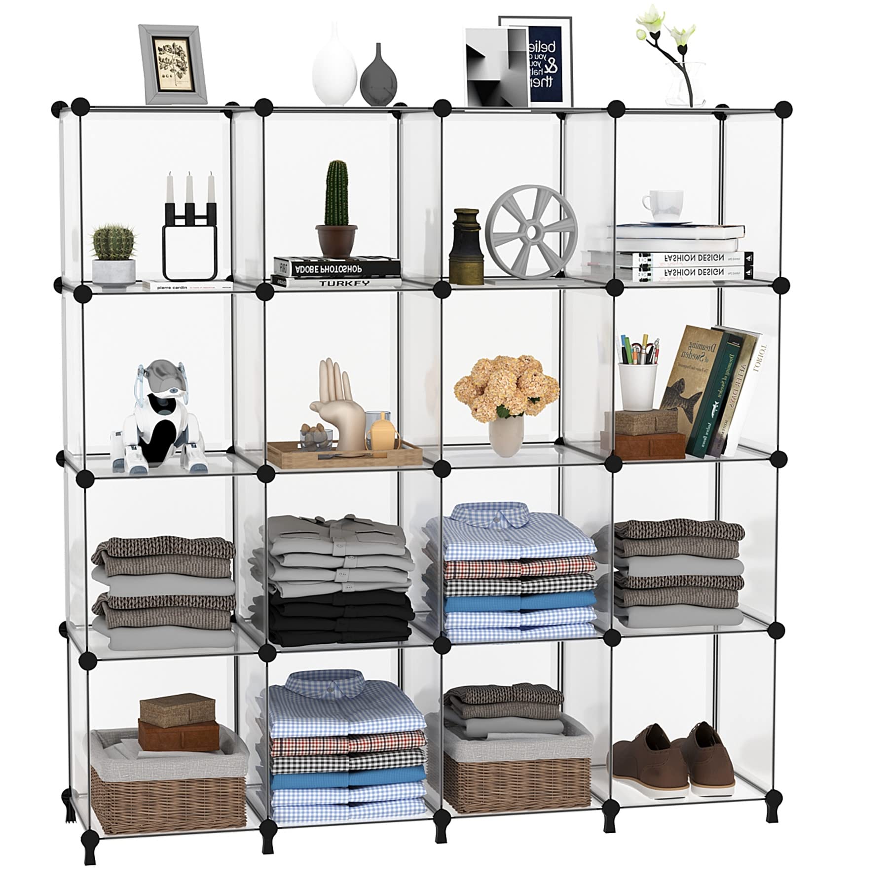 AWTATOS Cubo organizador de almacenamiento modular de 16 cubos, estantería de plástico DIY para armario, estantes de almacenamiento con mazo de madera, solución ideal de almacenamiento para el hogar,