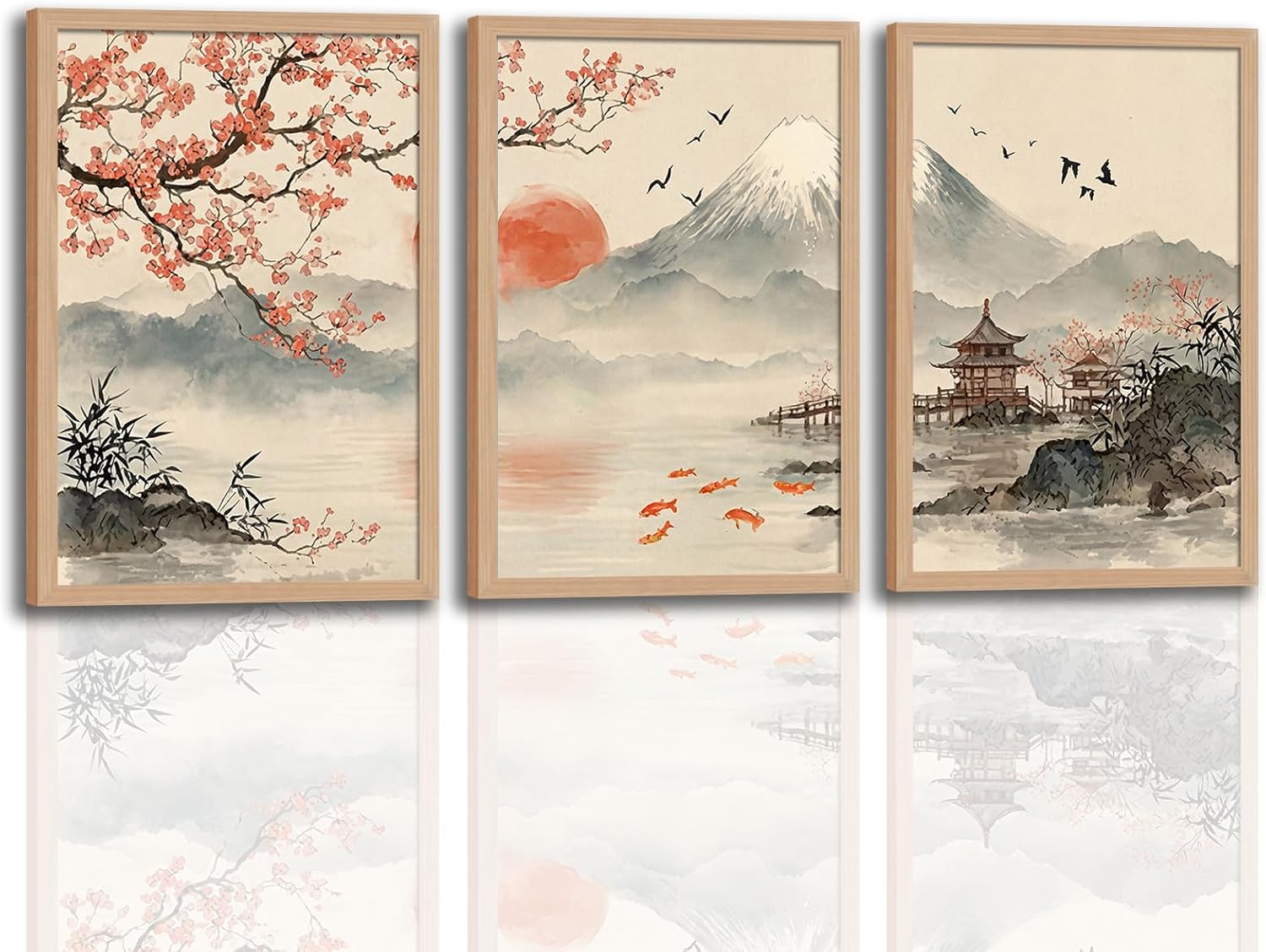 Japanese Wall Art Set of 3 with Wooden Frame, Ready to Hang Sakura Cherry Blossom Mountain Sun Landscape Painting Prints, Japan Style Picture Wall Decor for Living Room Bedroom Office 16x24 Inches