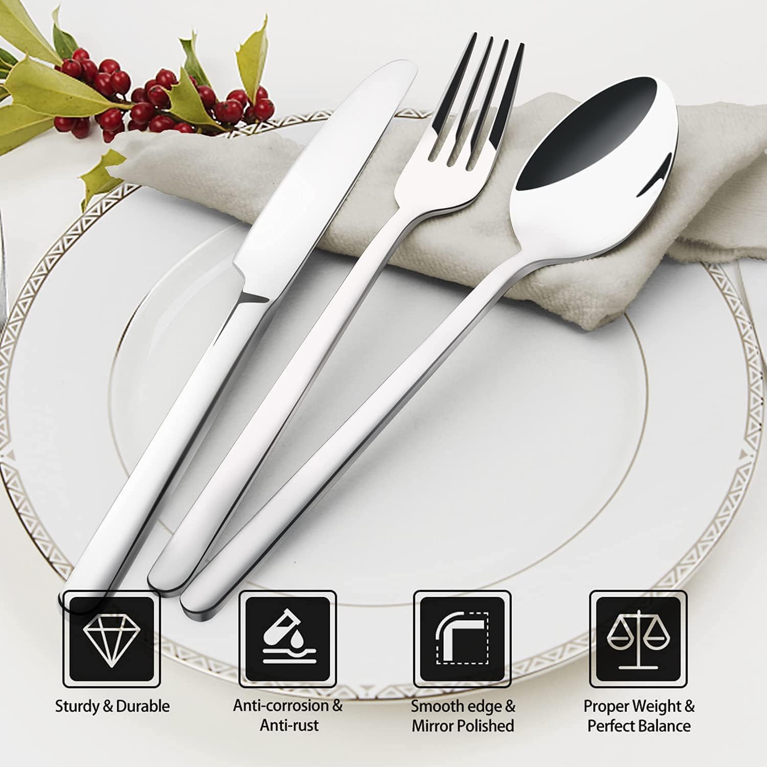 HIKAA Besteck Set 6 Personen, 30 Teiliges Bestecksets, 18/10 Edelstahl Essbesteck Spiegelpoliert, Cutlery Set Spülmaschinenfest für Zuhause, Restaurant, Hochzeit, Party, (Silber）