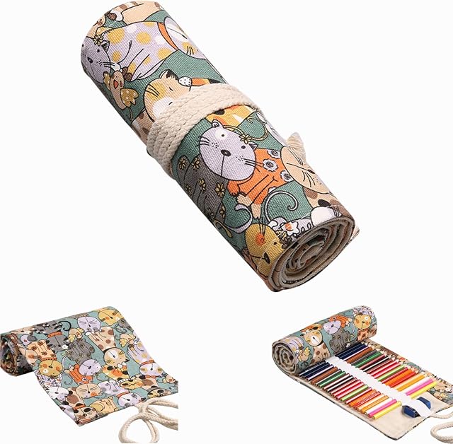 Canvas Color Pencil Bag Hand Roll Up Pencil Case , Coloring Pencil Holder Organizer, Portable Pen Organizer Bag for Kid Girl Boy for School Office Art Craft