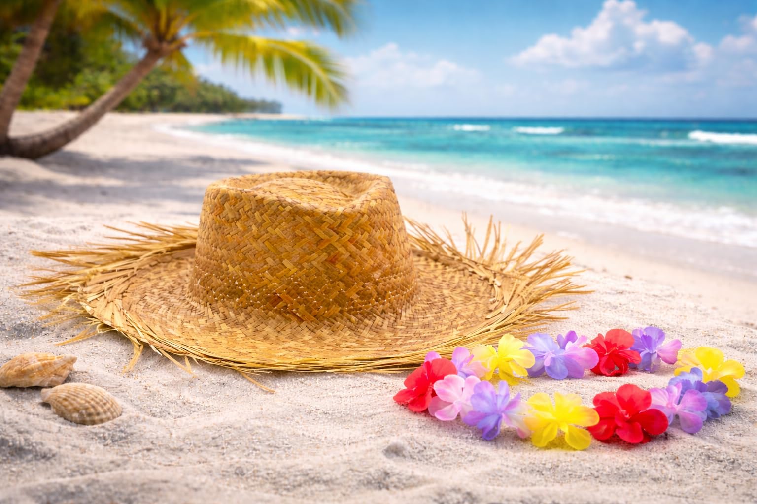 Party-Set für Erwachsene – Strohhut mit Fransen + Hawaii-Blumenkette – Geflochtener Sommer- & Strandhut – Ideal für JGA, Fasching, Strand & Halloween – Einheitsgröße ca. 39 x 39 x 12 cm