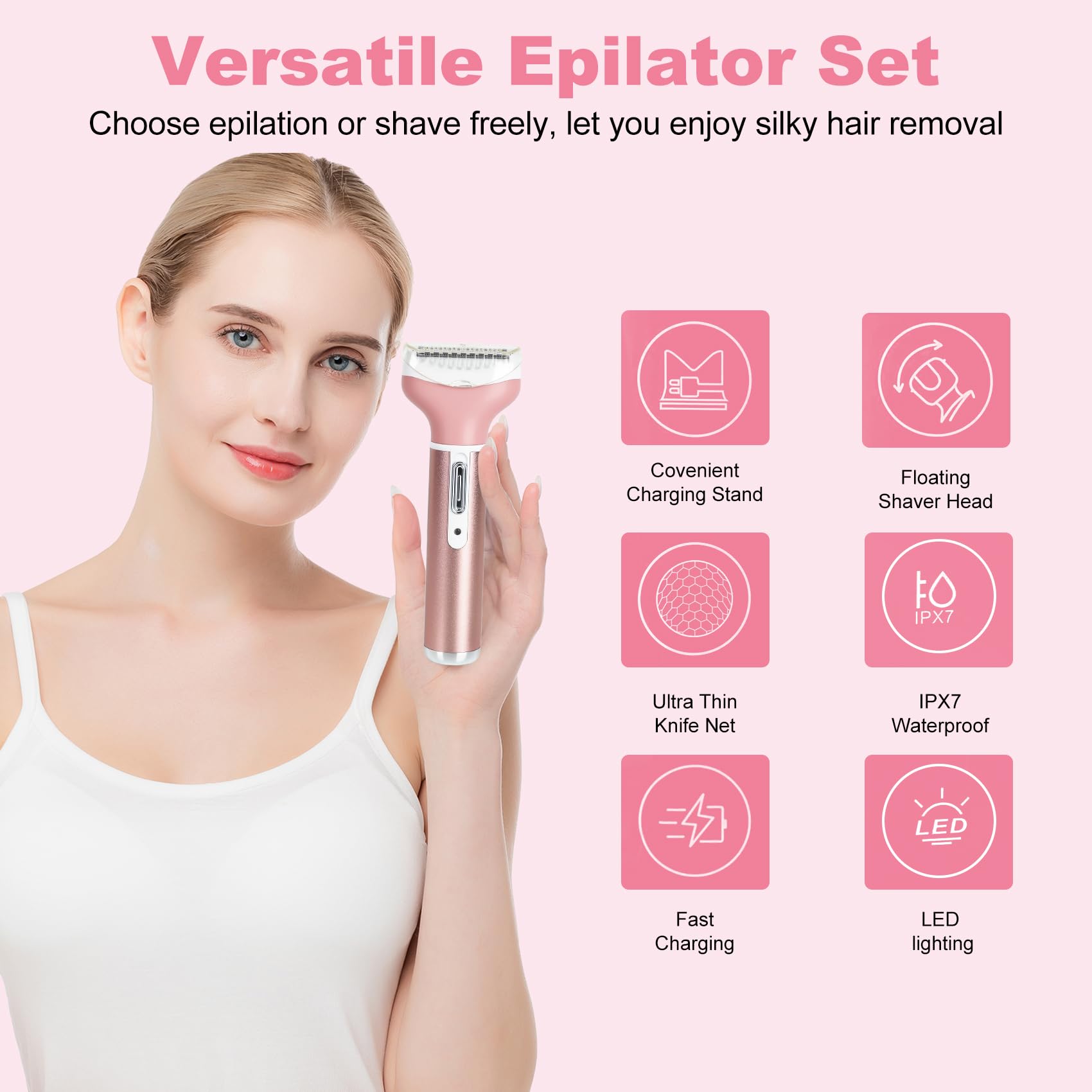 4 in 1 Rechargeable Women Face Epilator, Electric Bikini Epilator for Women, Hair Removal for Face, Armpits, Arms, Legs Hair Removal, Removable and Washable Heads