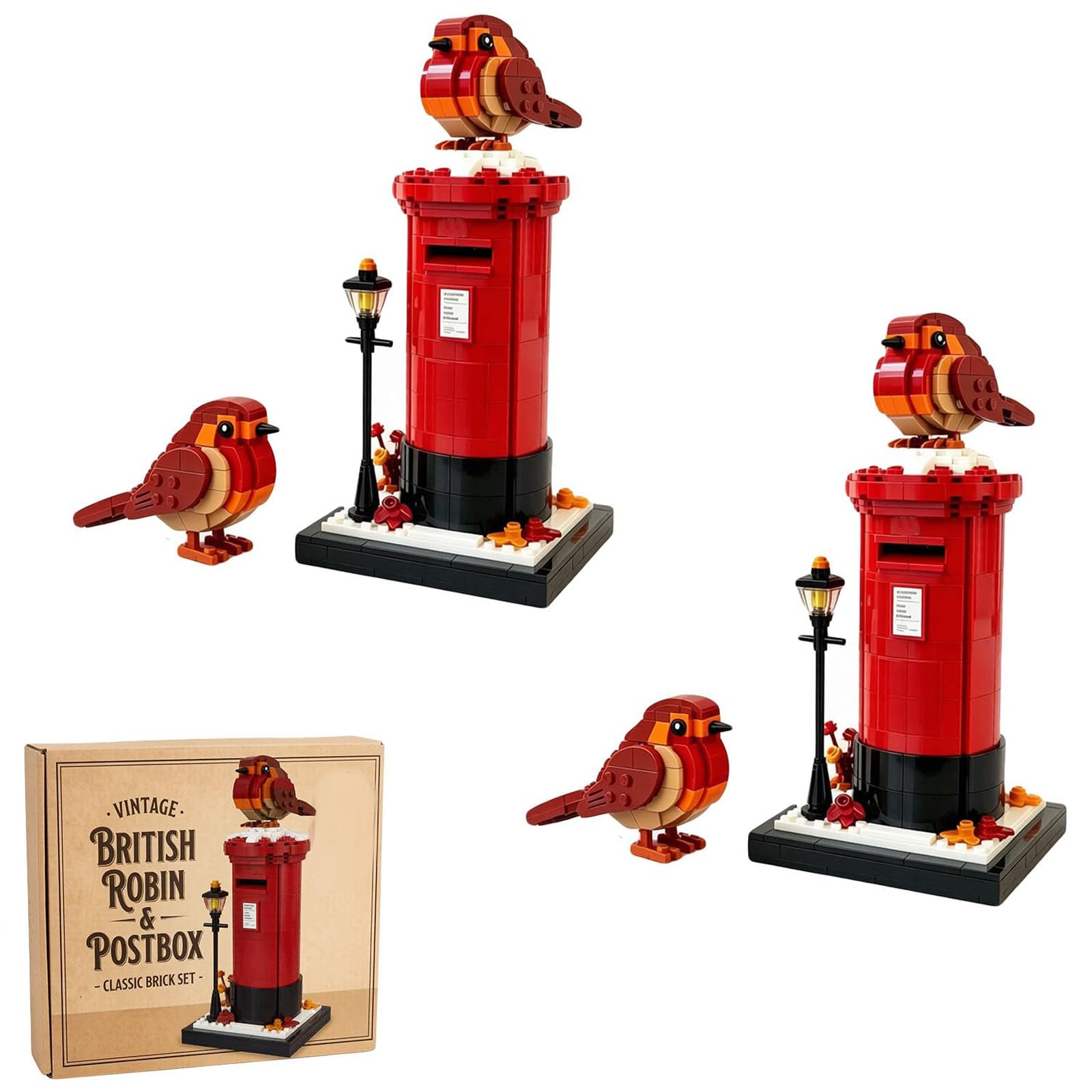 Vintage Postbox & Robin Brick Set, British Style Red Mailbox Building Blocks Ornament, Retro London Mailbox & Bird Brick Model for Bird Lovers and Collectors (2pcs)