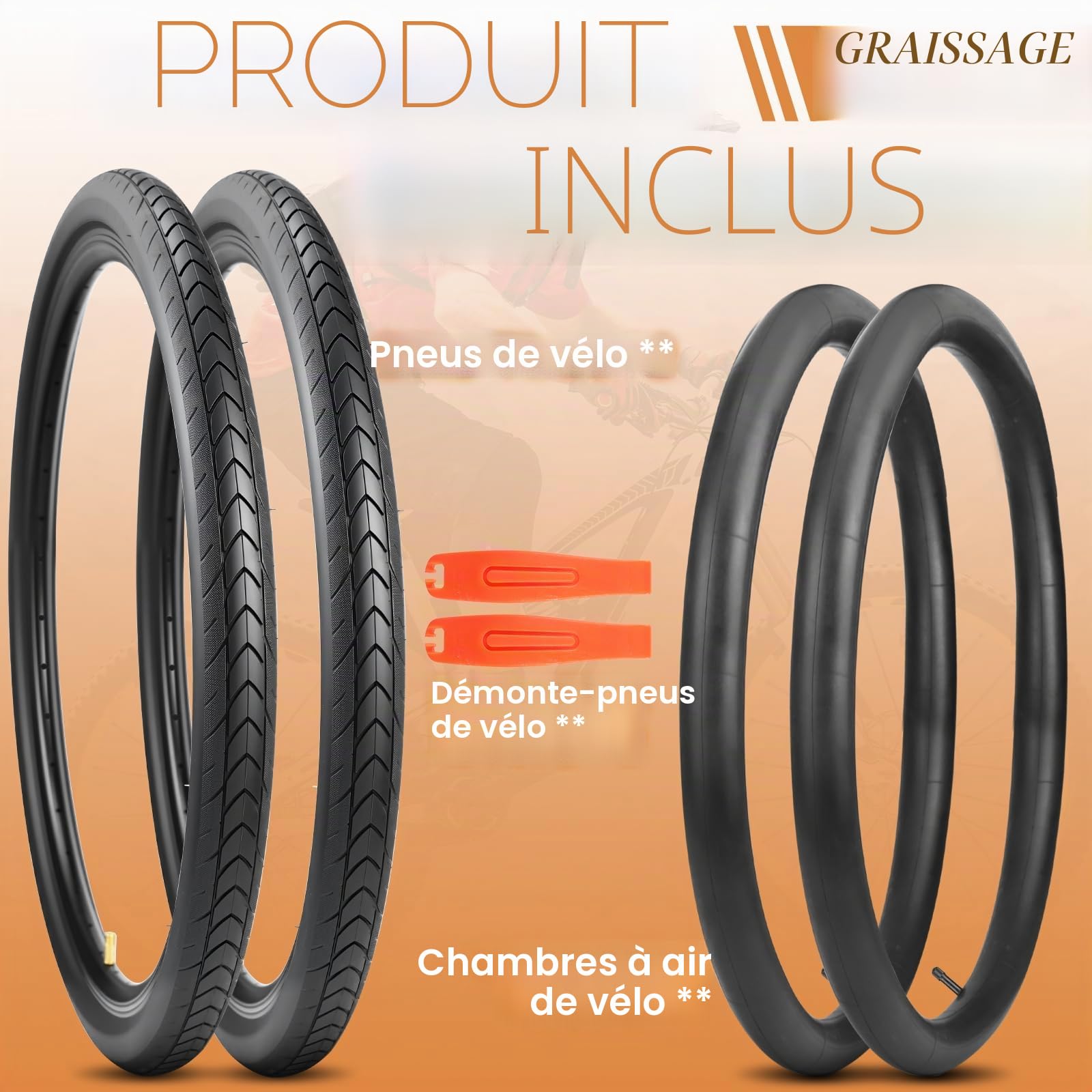 Lot de 2 pneus de vélo 27,5 x 1,75 pouces 2 pneus + 2 chambres à air + 2 leviers de montage – Kit complet de pneus de VTT – Convient pour VTT, vélo électrique, vélo de trekking, vélo de ville