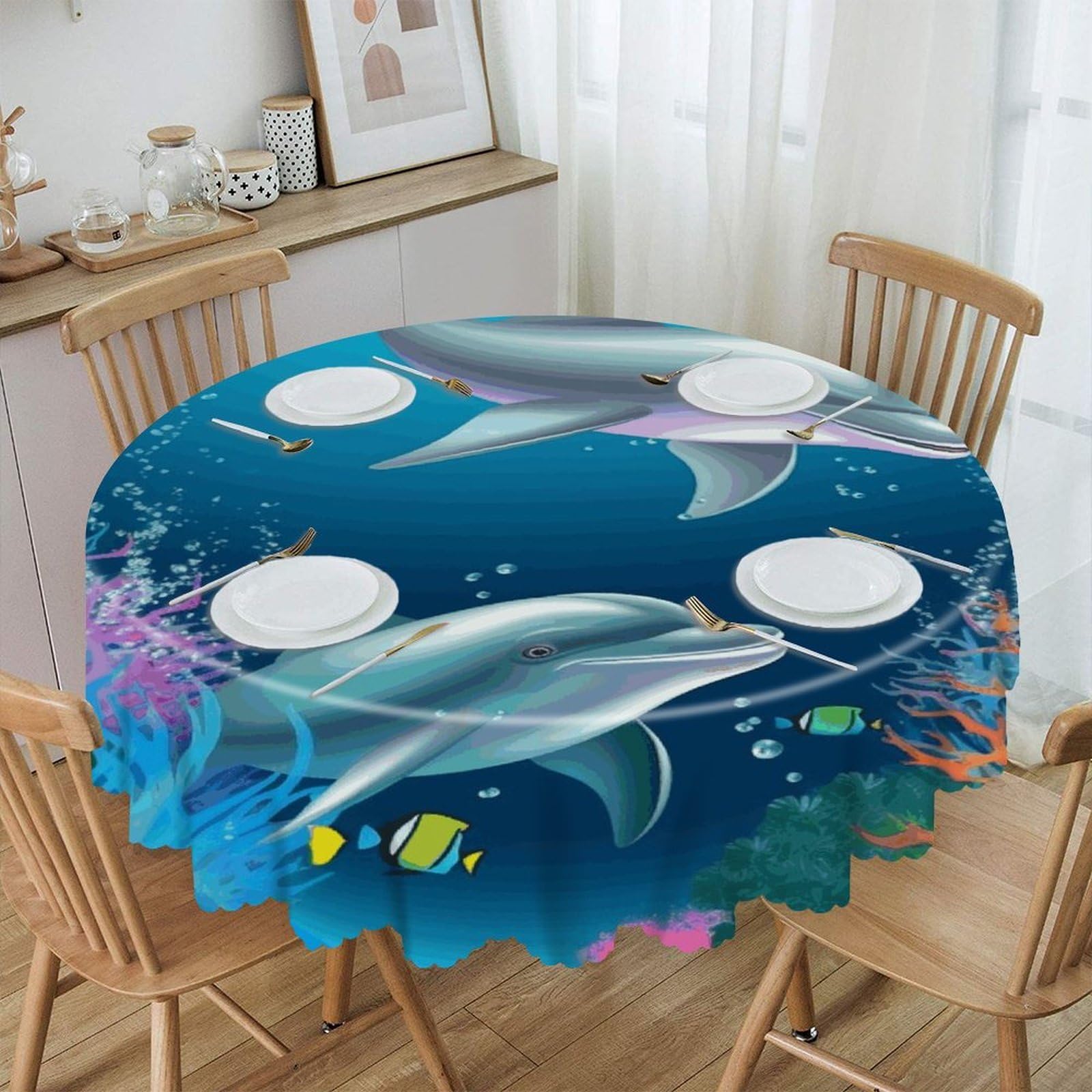 FekiLoot Dolphin and Fish Round Tablecloths 60 Inch Resistant Washable Polyester Table Cloth Style Decorative Circle Fabric Table Cover for Dining Kitchen Party Farmhouse Outdoor
