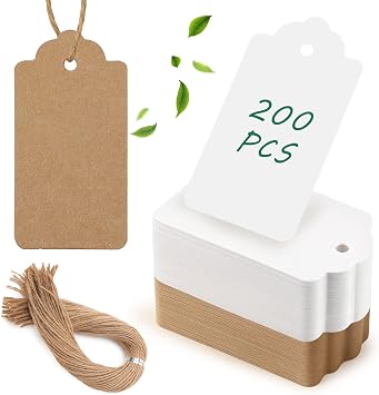 SallyFashion 200pcs Gift Tags with String Attached, 2x4 inch Kraft Paper Hang Tags for Clothes DIY Crafts Wedding Holiday Brown White