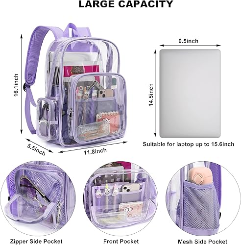 Miniatura 2 de Mimfutu Mochila escolar transparente resistente, mochilas transparentes de PVC transparente para niñas, niños, mujeres y hombres, Púrpura lavanda,