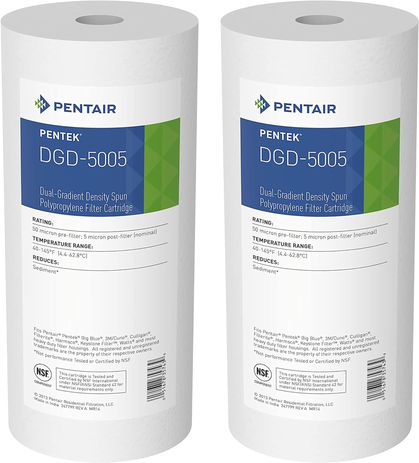 Pentair Pentek DGD-5005 Big Blue Water Filter, 10-Inch Whole House Sediment Filter Cartridge Replacement, Dual-Gradient Density Spun Polypropylene, 10" x 4.5", 5 Micron, Pack of 2