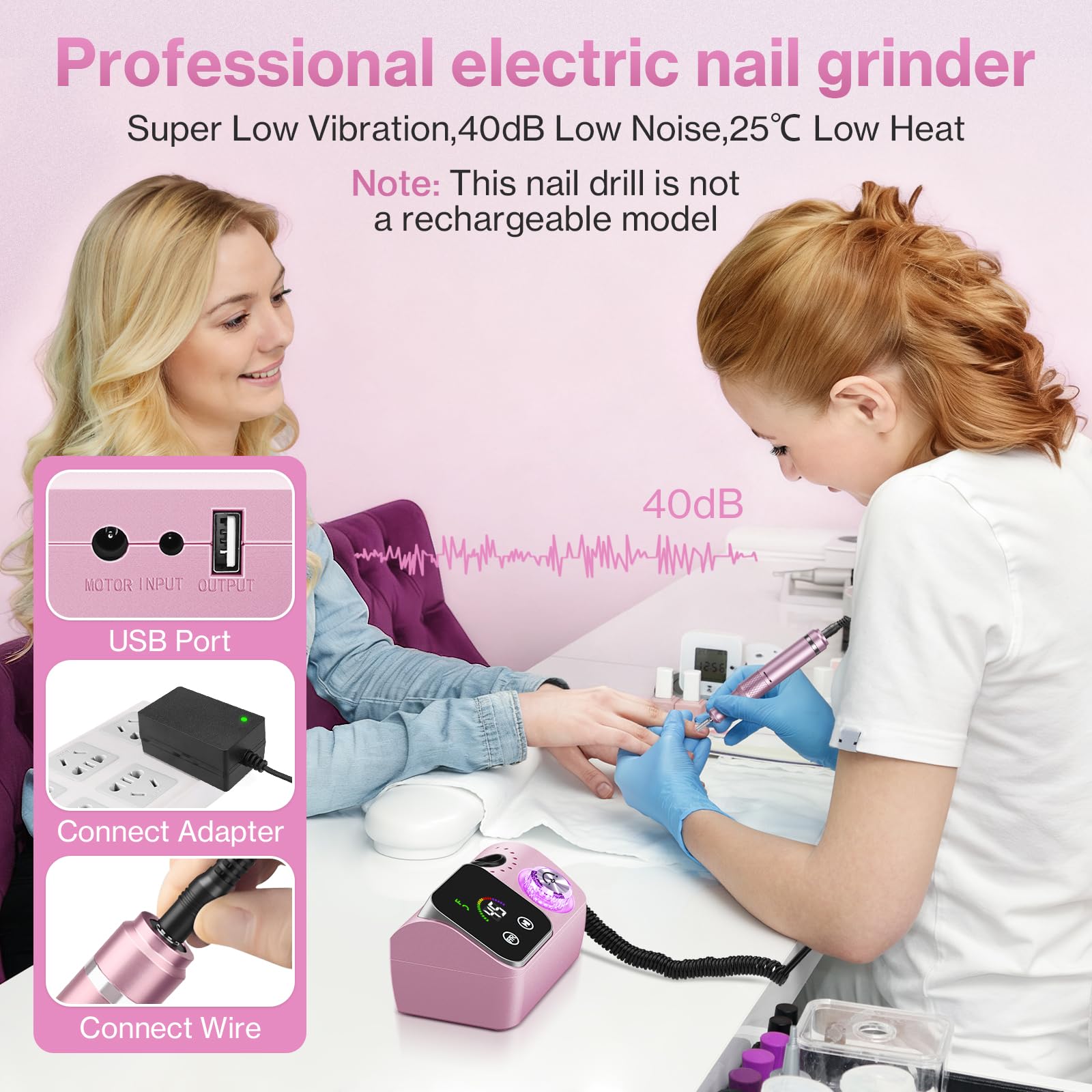 Torno para Uñas,Torno para Uñas Profesional 45000 RPM,12 12 Cabezales de Pulido, Pantalla táctil LCD,Perilla de cristal,Lima portátil para uñas acrílicas y de gel (Rosa claro)