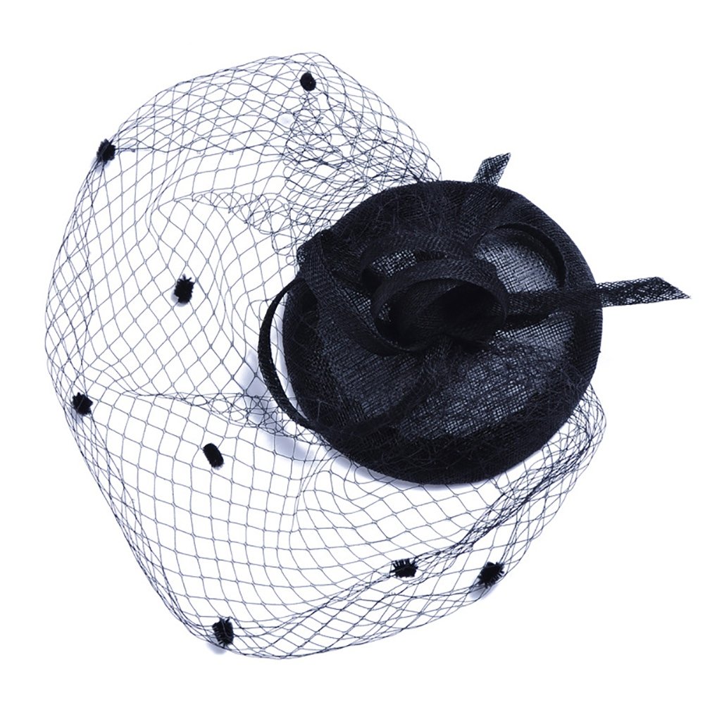 SATINIOR Cappello Fascinator Vintage Anni '50 Cappello a Rete in Rete di Piume Finte Copricapo per Festa del tè Cocktail e Guanti Corti in Pizzo da Donna (Stile Elegante