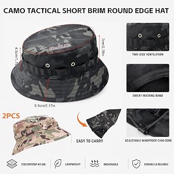 2 PCS Camo Boonie Hats for Men Women, Bush Jungle Short Hats with Adjustable Strap, Sun Cap Safari Hat for Fishing Hiking Camping