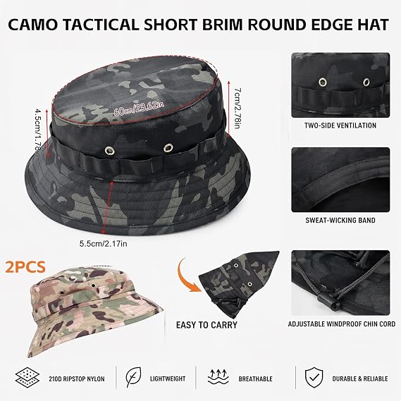 2 PCS Camo Boonie Hats for Men Women, Bush Jungle Short Hats with Adjustable Strap, Sun Cap Safari Hat for Fishing Hiking Camping