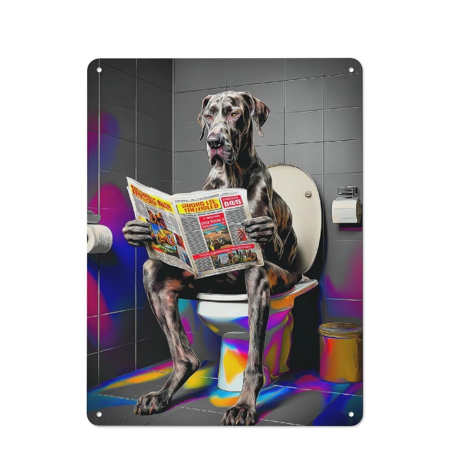 Junmoney Dog Reading Newspaper On Toilet-16 Vintage Metal Wall Decor 40X30cm, Decorative Metal Plaque For Coffee Bar, Small Shop Or Dining Room