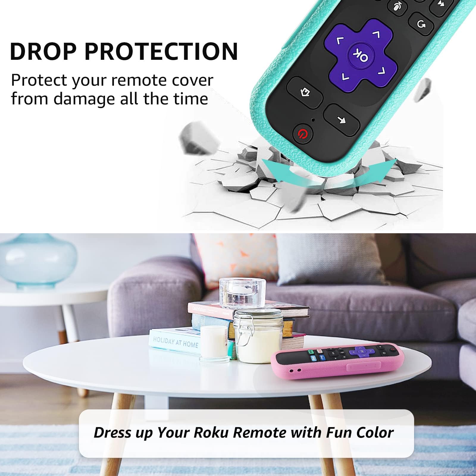 TCL | Hisense Roku Remote Case - Confezione da 2 cover in silicone per Roku Express 4K+ 2021 e Streaming Stick+ con cordini, rosa brillante e azzurro cielo