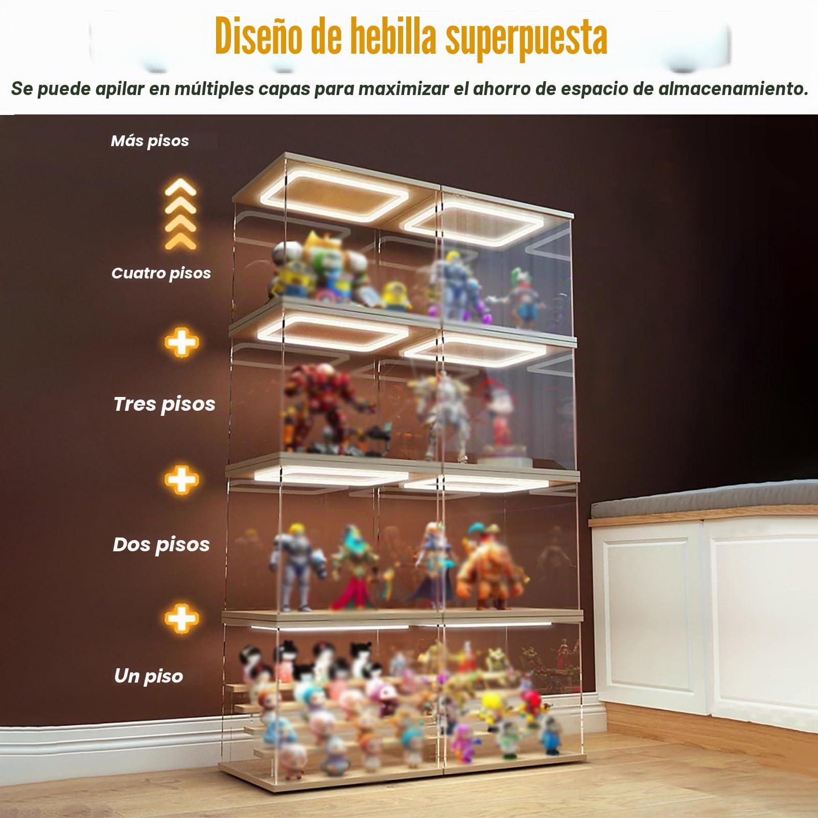 Vitrina Expositora Vitrina de Acrílico Transparente Iluminada, Caja de Almacenamiento para Encimera con Base de Madera y Plástico, Gabinete de Recolección de 10 15 20 25 30 35 40 50 60 Cm de Largo(20x