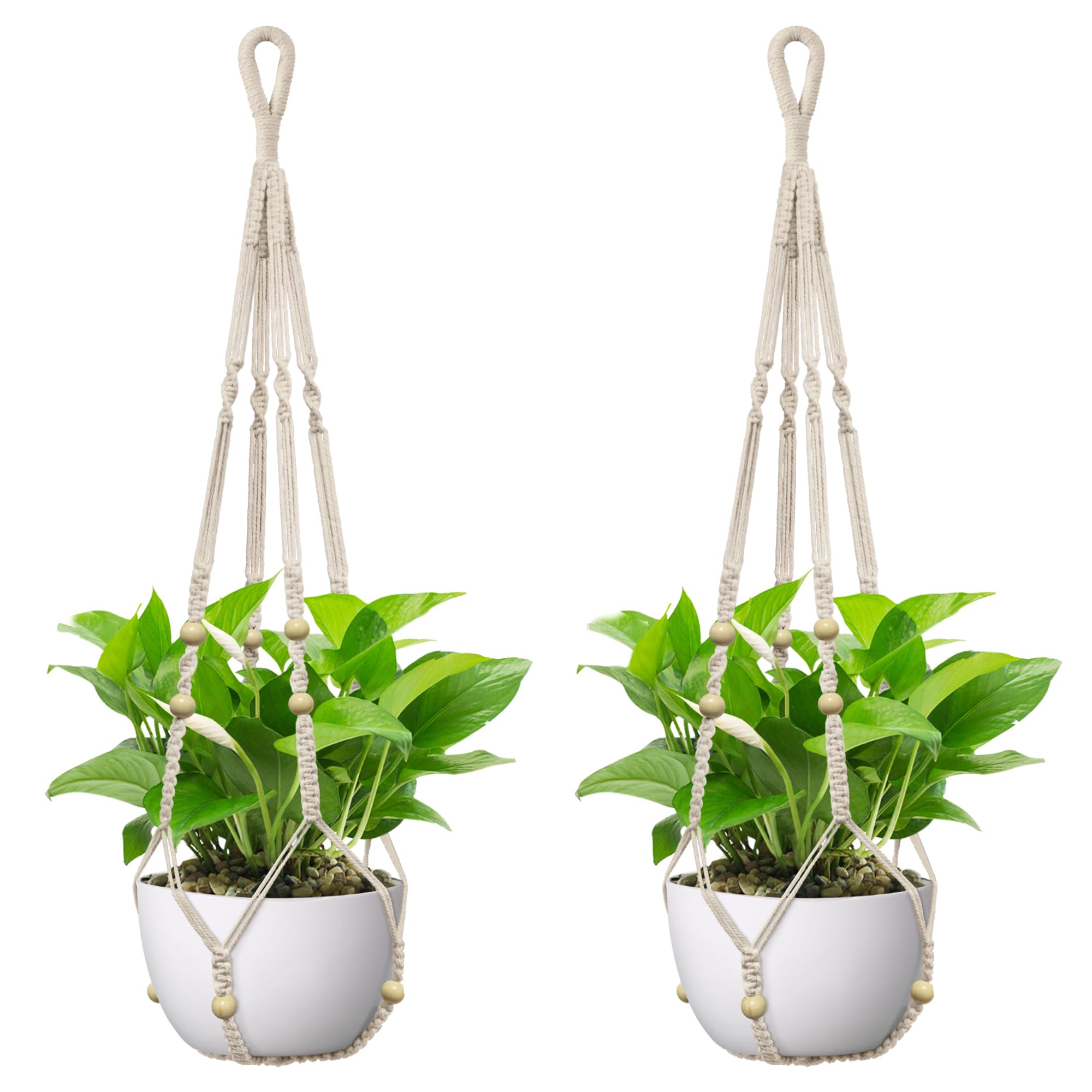 USLAI Macrame Plant Hanger Indoor Outdoor, Fits 4 to 15 Inch Pots, Strong Hanging Planter Holder, Boho Home Decor, 35+35 Inch, Ivory (POTS NOT Included)