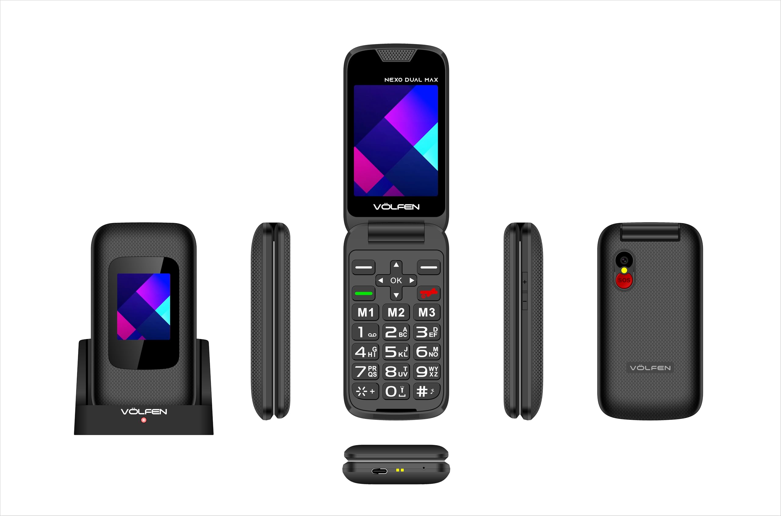 Orion Dual - Teléfono móvil de Tapa para Personas Mayores de Doble Pantalla, Botones y Teclas Grandes, fácil de Usar, USB-C, 3 memorias directas, Base de Carga (Negro)
