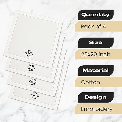 Miniatura 5 de Servilletas de mesa de algodón de alta calidad con inicial bordada, paquete de 4, 20 x 20 pulgadas, lavables, diseño de vainica, elegantes