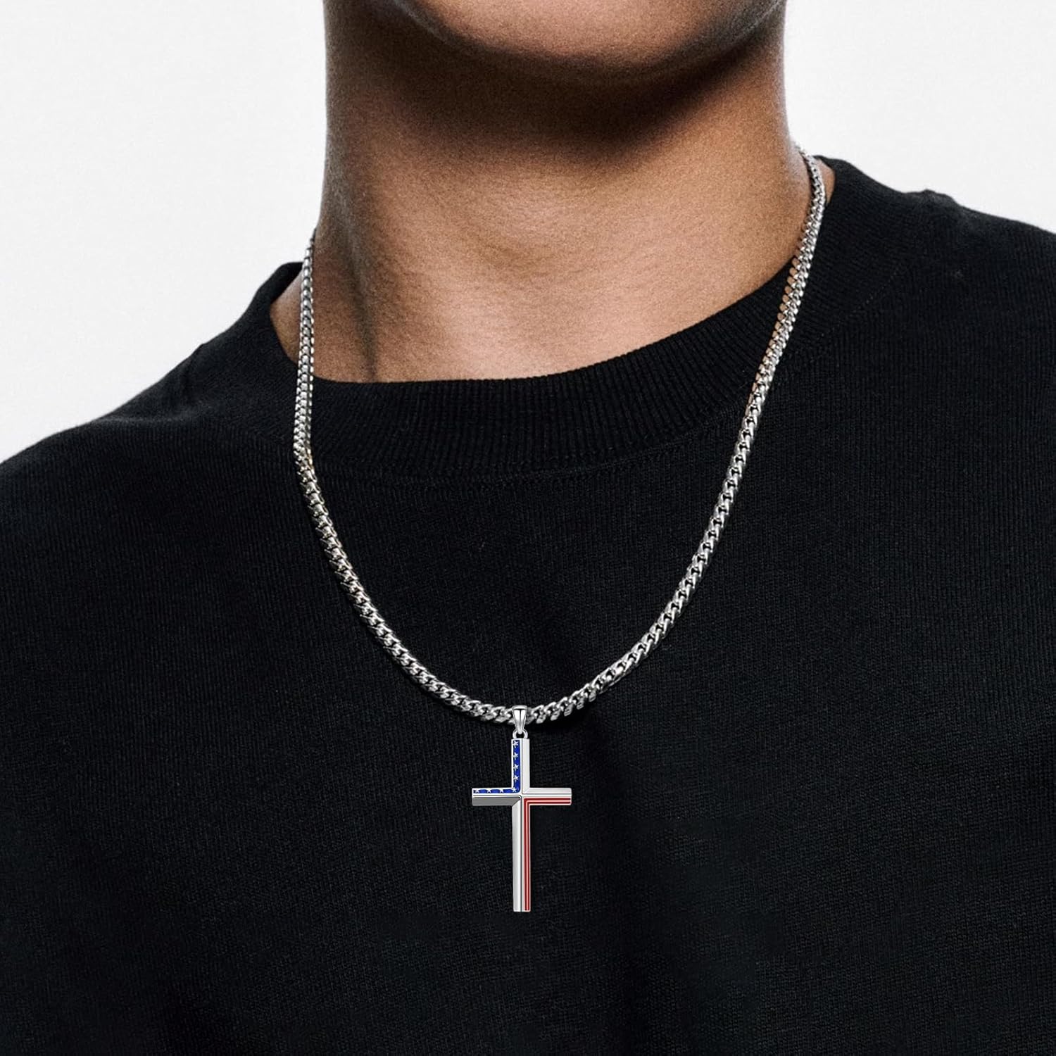 925 Sterling Silver American Flag Cross Pendant with Stainless Steel Chain 22+2 Inch