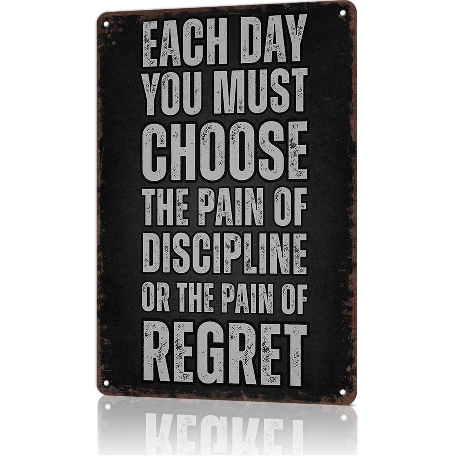 Vintage Metal Sign Discipline Vs. Regret Motivational Quote Workout Room Si