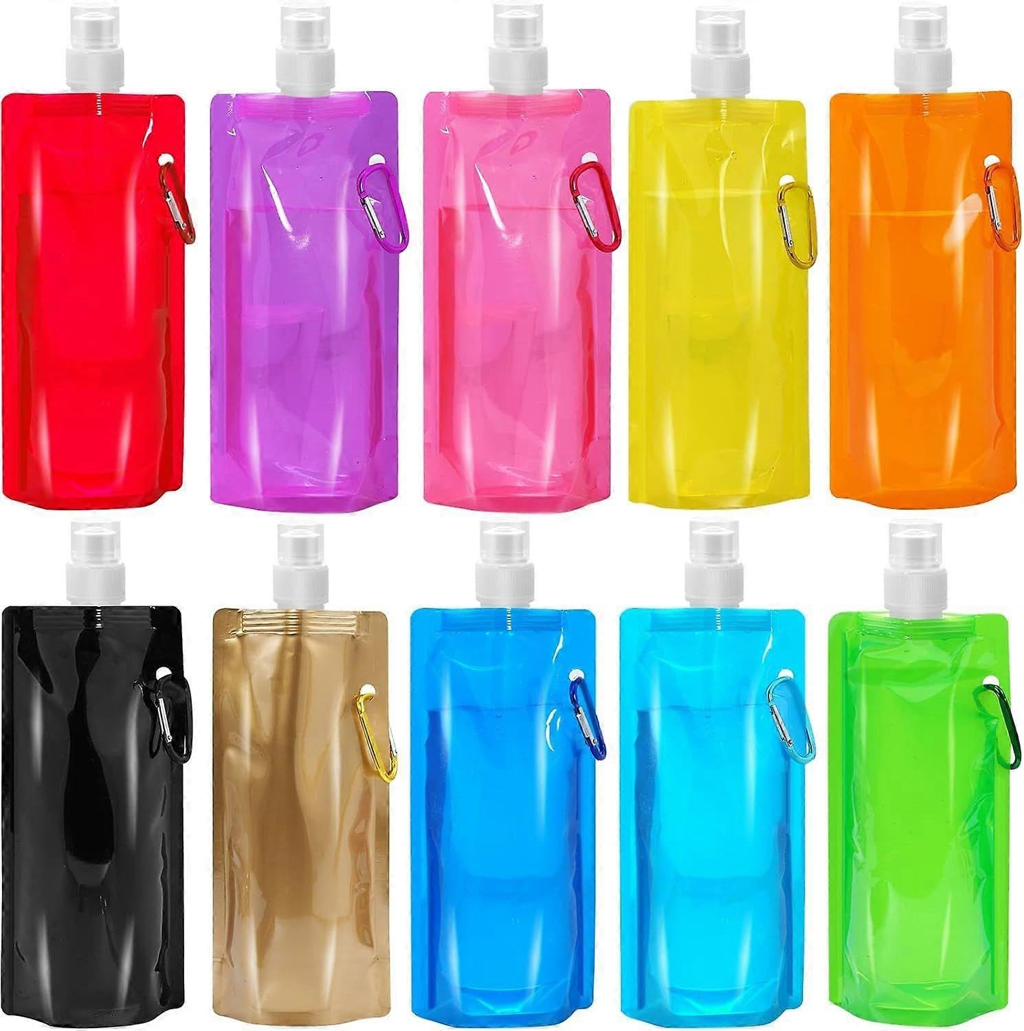 JOYHAPPST 2025 Latest Model 10 Pcs Collapsible Foldable Water Bottle 480ml, Leak Proof with Carabine