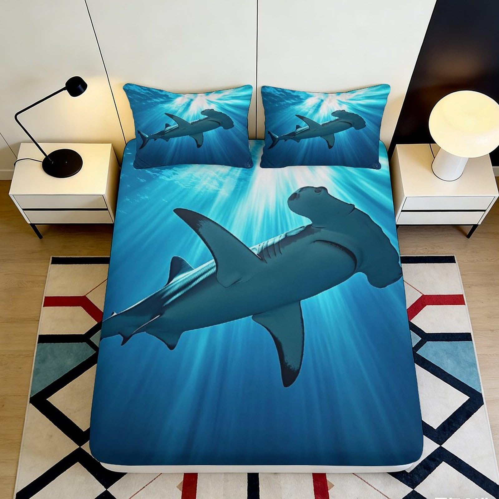 3D Printed Hammerhead Shark Fitted Sheet Microfiber Blue Ocean Mattress Cover Anti-Slip Washable Bedroom Decor for Home Guest Room 120x200x25cm